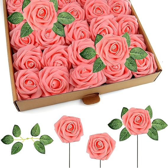 Artificial Blush Foam Roses with Stems & Leaves - Pack of 50, Perfect for Wedding Centerpieces, Event Decor, DIY Bouquets, and More