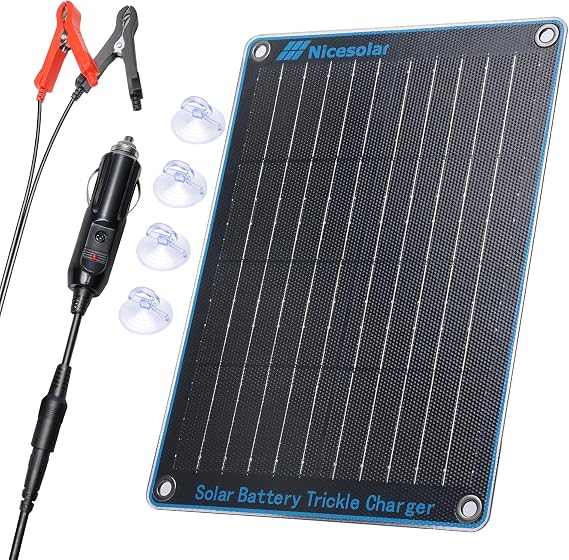Nicesolar 10W 12V Solar Panel Car Battery Trickle Charger & Maintainer with Cigarette Lighter Plug & Alligator Clip for Car Automotive Motorcycle Boat Marine Snowmobile Watercraft RV