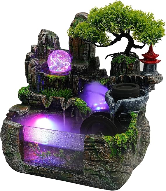 Rockery Water Fountains Table Top Water Fountain Indoor Ornaments Resin Atomizing Mini Waterfall Fountain with LED Lights for Meditation Relaxation and Wall Outlet Home Office Desk Decorate
