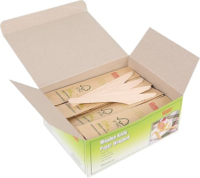 Gmark Disposable Wooden Knife Paper Wrapped | Pack of 100-6.5 Knives | 100% All-Natural, Eco-Friendly, Biodegradable, and Compostable 100 ct Individually Wrapped in Box GM1025