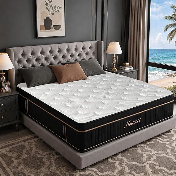 Queen Size 14 Inch Hybrid Mattress in a Box, 2026 Upgraded Medium Plush Mattress with Cooling Gel Memory Foam & 7-Zone Pocket Coils, Pressure Relief, Motion Isolation, Fiberglass-Free