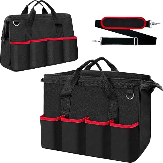 C&T 14-Inch 17-Pocket Heavy Duty Tool Bag, Portable Black Tool Organizer Storage Bag with Large Zipper for Men, Carrying Toolbag, Electrician Mechanic Construction
