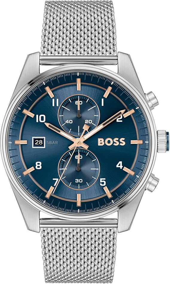 BOSS Chronograph Quartz Watch for Men SKYTRAVELLER Collection with Leather or Stainless Steel Strap