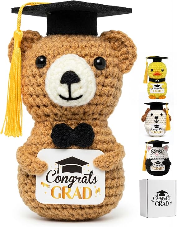 Graduation Bear Crochet Graduate Gifts - Handmade Brown Bear with Congrats Grad Crad Graduation Box Mesh Bag Decoration for Him Her College Classmates Graduate You Did It Gift