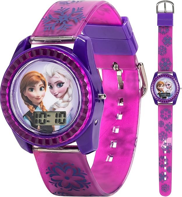 Disney Frozen Kids Digital Watch Anna & Elsa LCD Timepiece, Purple Printed Strap, Easy-Read Display, Lightweight & Comfortable Fits Wrists 5.5" to 8"