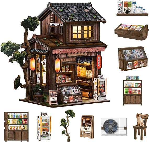 Book Nook Kit- Traditional Japanese Kasuga Grocery Store Model ,DIY Miniature House 3D Wooden Puzzle with LED Lights, Bookshelf Decor Craft Kit for Adults and Teens, Perfect Home Decor& Gifts
