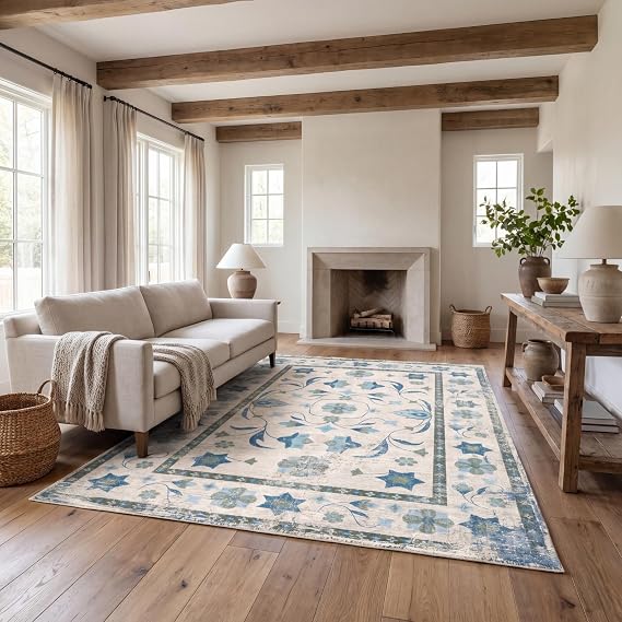 Tinideya Washable Oushak Rug Vintage Turkish Velvet Rugs Large Soft Low Pile Non-Slip Area Rugs Floral Modern Pastel Accent Carpet for Living Room Dining Bedroom Indoor Farmhouse(Classic,5x7 ft)