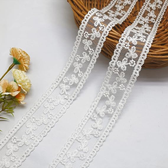 FQTANJU 10 Yards Lace Trim Ribbon, Delicate White Floral Lace Ribbon Mesh Embroidery Applique for Sewing Making DIY Craft Clothing, Gift Wrapping and Bridal Wedding Decorations (White)