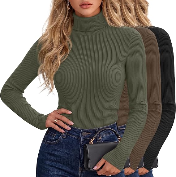 3 Pack Women Ribbed Turtleneck Tops Long Sleeve Shirt