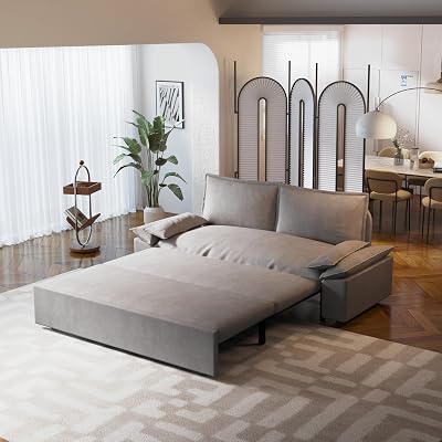 70.1 Queen Pull Out Sofa Bed, 3-in-1 Convertible Sleeper Sofa with Side Storage, Multi-Functional Velvet Loveseat Couch for Living Room Bedroom Apartment Office, Grey