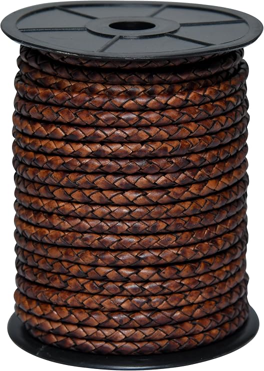 Round Braided Genuine Leather String Bolo Cord, Rope for Jewelry Making, Necklaces, Bracelets, Wraps, Crafts and Hobby Projects (Distressed Dark Brown, 5 MM 5.46 Yards = 5 MTR Spool)