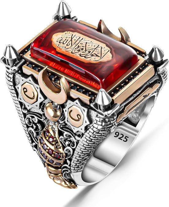 Islamic Arabic Ring Solid 925 Sterling Silver Amber Stone Muslim Men's Ring Religious Handmade