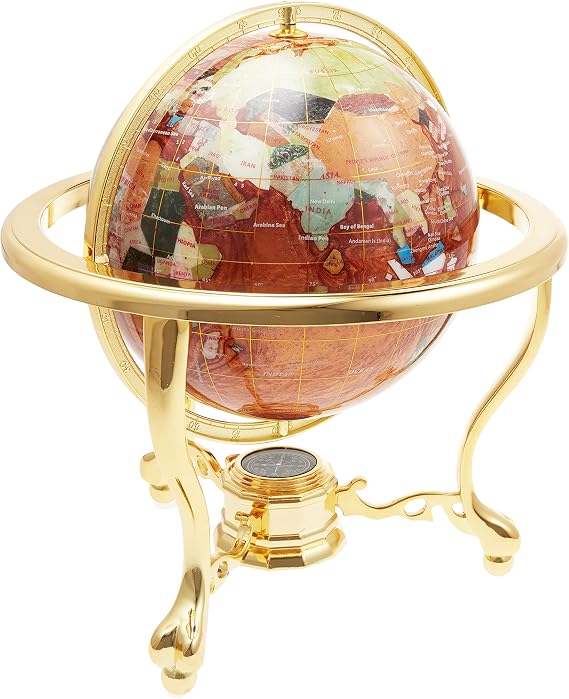 Unique Art 13-Inch Tall Table Top Amberllite Pearl Gold Stand Gemstone World Globe with Gold Tripod Stand