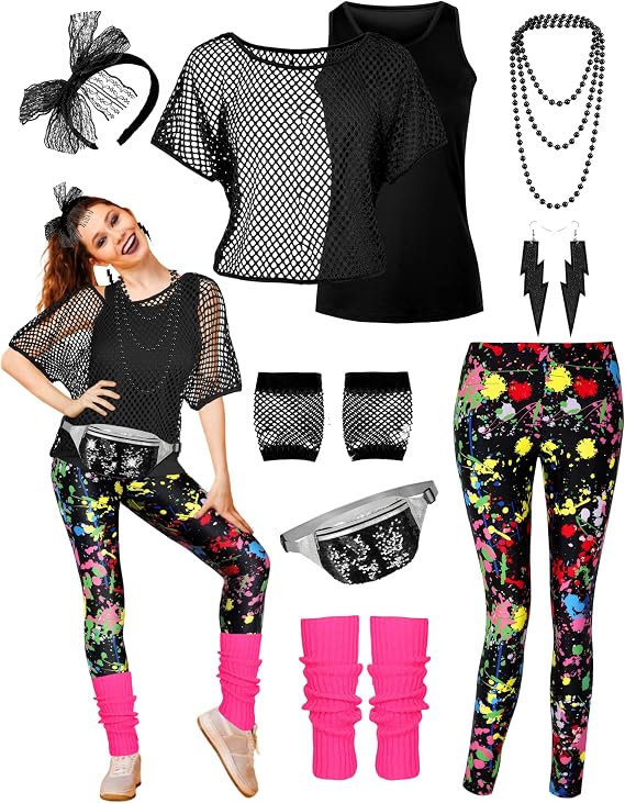 CICOCI 80s 90s Outfit For Women Neno Party Fishnet Top1980s Costume with 80s Accessories Set Retro Party Leg Warmers Headband