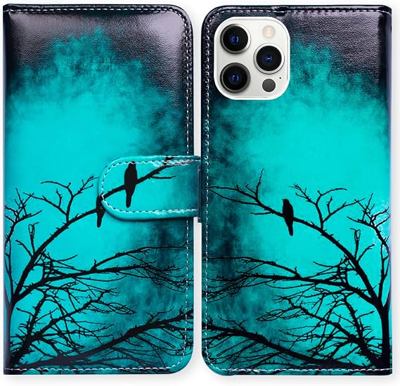 Bcov Case for iPhone 14 Pro Max, Black Bird Green Leather Flip Phone Case Wallet Cover with Card Slot Holder Kickstand for iPhone 14 Pro Max