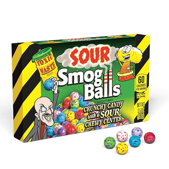 Toxic Waste Sour Smog Balls, Assorted Flavors, Theatre Box, 3.5 oz Pack | Crunchy shell with chewy tangy center, movie-night sized, easy to share, grab and go treat