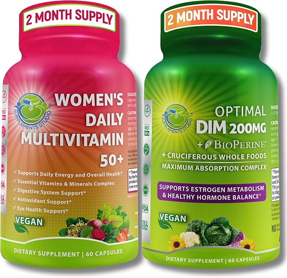 Vegan Bundle for Hormone Balance, Energy, Immunity Bundle Womens Daily Multivitamin 50+ with Organic Superfood Blend + DIM 200mg Supplement with BioPerine Non-GMO, Clean Daily Wellness Support