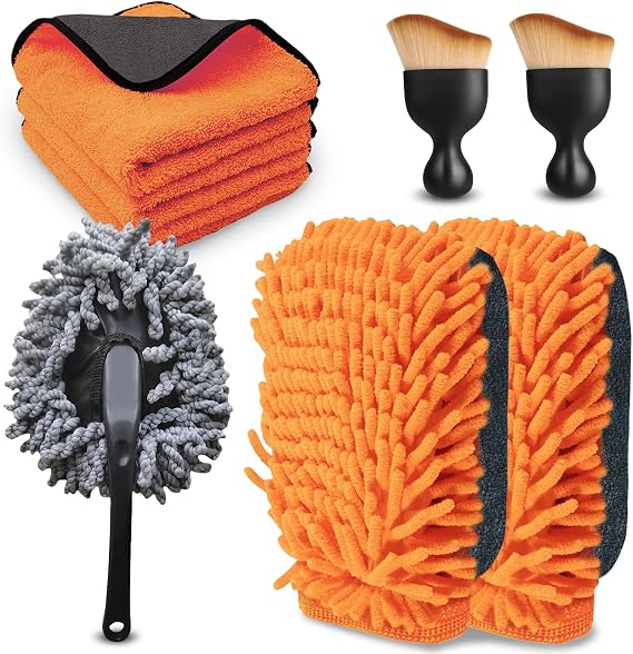 8 Pcs Car Washing Cleaning Kit, 2 Car Wash Mitt 3 Cars Cleaning Cloths 2 Interior Cleanings Extra Soft Dusting Brushes 1 Clean Brush, Household Detailing Brush Set for Clean Cars, Drying, Detailing