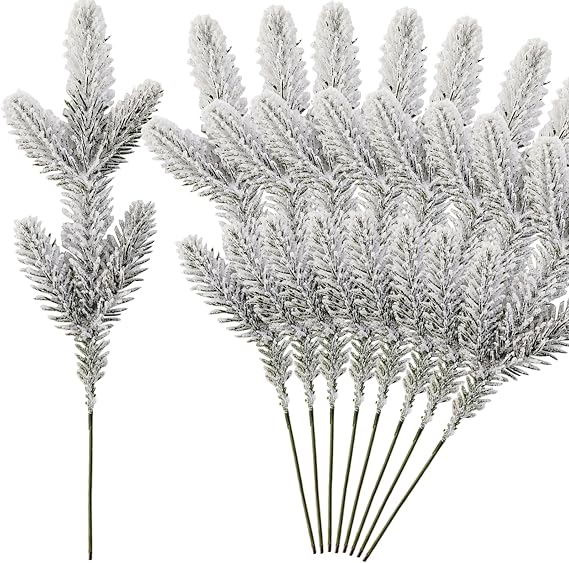 NSBELL 14PCS 11.8inch Snowy Artificial Pine Needles Branches Twigs Frosted Pine Picks Greenery Stems for Crafts, Wreaths, Garlands Holiday Decor