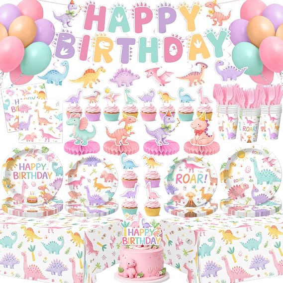 200 Pcs Pink Dinosaur Birthday Decorations (Serves 24), Girl Dinosaur Party Decorations Include Banner Hanging Plates Napkins Cups Forks Knifes Tablecloth Topper Balloons for Party