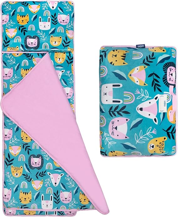 Wildkin Kids Velour Nap Mat for Boys & Girls Soft & Cozy Toddler Sleep Mat with Built-in Blanket for Daycare, Preschool, Kindergarten & Travel, Ages 37, Machine Washable Party Animal