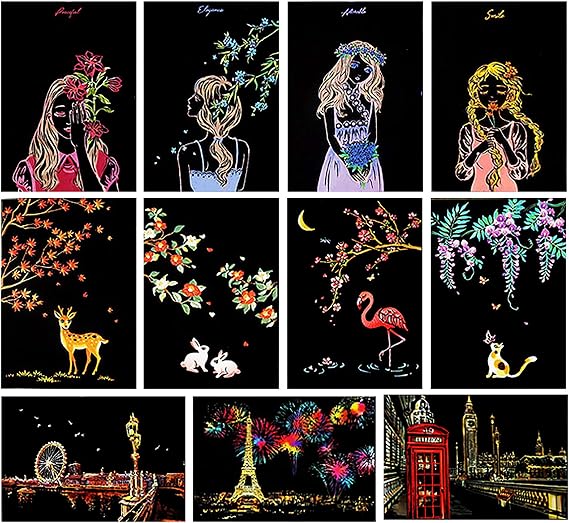 Magic Scratch Art Paper(7.9"x5.5"), Rainbow Landscape Engraving Art Mini Scratchboard Pads for Adults & Kids, Craft Set: 12 Sheets Scratch Postcard Cards & Drawing Pens, Brush (City Living)