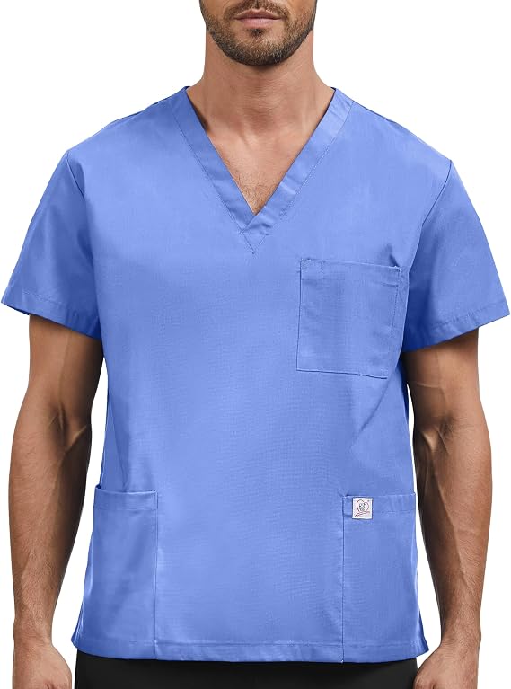 Men V Neck Scrub Top with 3 Pockets for Elderly Carer, Vet, Beauty, Dental (Ceil Blue,S)