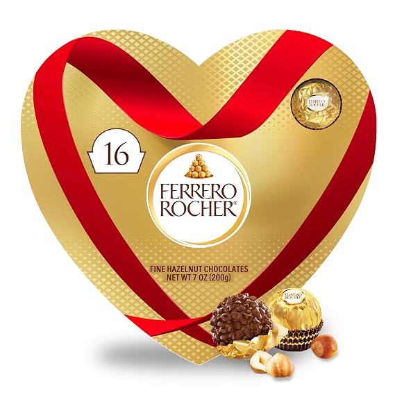 Ferrero Rocher Fine Hazelnut Chocolates, Valentines Day Heart Gift Box, 16 Piece Premium Chocolate for Gifting, 7 oz