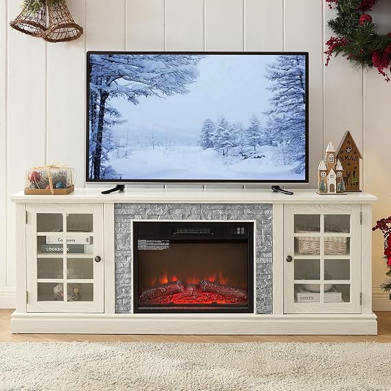 70 Inch Farmhouse Tv Stand with Fireplace, Electric Fireplace Entertainment Center for Tvs Up to 75",Tv Console & Media Console with Storage for Living Room,Adjustable Shelves,Faux Stone (White, 70")