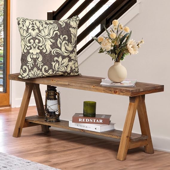 Wnutrees 43" Farmhouse Solid Wood Bench, Rustic Indoor Storage Bench