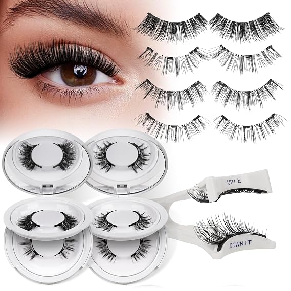 QUEWEL No Glue Needed Magnetic Eyelashes Natural Look, 4 Pairs Reusable Magnetic Eyelashes with Applicator, Easy to Wear and Remove with Instructions(4 Pairs-B03)