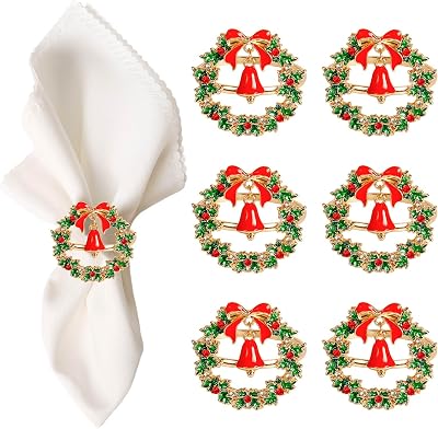 wonlex Christmas Wreath Napkin Rings Set of 6, Metal Napkin Holders for Xmas Holiday, Table Centerpiece, Wedding, Family Gatherings and Dinner Party