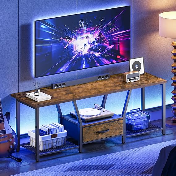 TV Stand with LED Lights, for TVs up to 55 Inches, 47" Entertainment Center with Fabric Drawer & Soundbar Shelf, Media Console Table for Living Room, Rustic Brown and Black 1201DSDBF