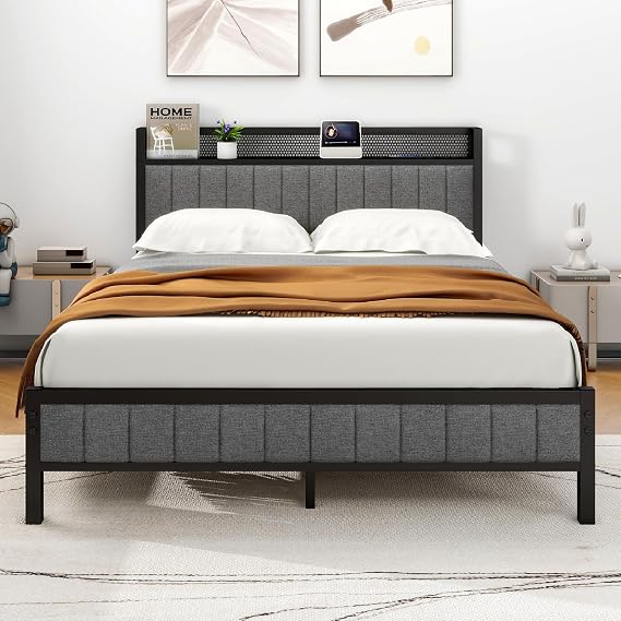 5ft King Size Bed Frame with Storage Headboard Shelf, No Box Spring