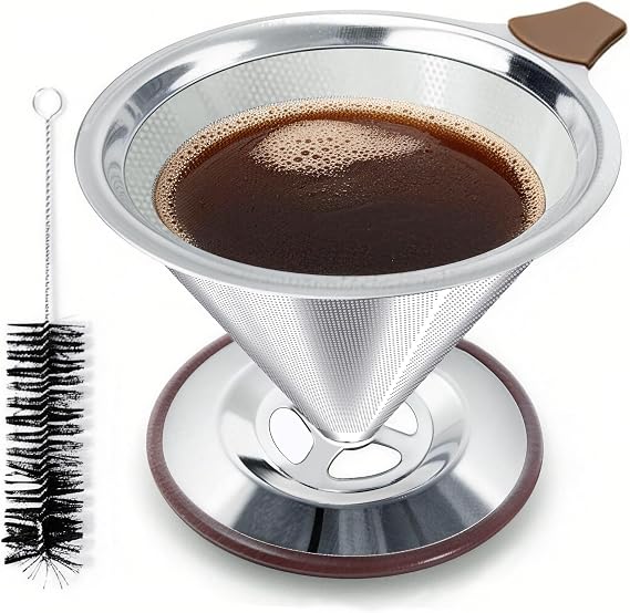 Pour Over Coffee Dripper, Stainless Steel Coffee Filter, Paperless Reusable Coffee Filter, Double mesh 600 Micro Strainer Coffee Maker with Heat-Resistant Silicone Handle & Base & Cleaning Brush