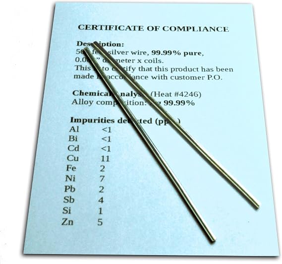 Colloidal Silver Generator Wire  99.99% Pure - Set of (2) 4" Electrode Rods 12-Gauge (0.08 in. / 2.06 mm) with Certificate of Compliance/Complete Chemical Analysis of Alloy Composition