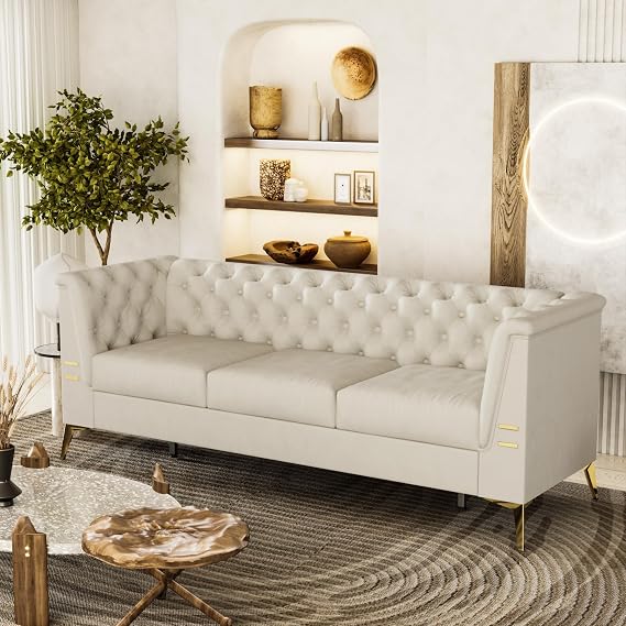 Tomkate Chesterfield Sofa, 82" Velvet Upholstered 3-Seater, Mid-Century Modern Couch with Flared Arms, Removable Cushions, Solid Wood Frame & Gold Legs for Living Room (Beige)