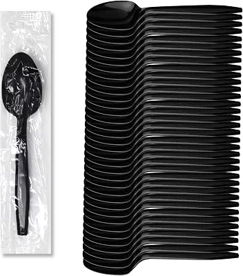 Progress Plastic Cutlery Individually Wrapped Spoons Heavy Duty Disposable [1000 Count- Bulk ] Strong & Durable Black for BBQ Party Supplies Restaurants Office all events Plasticware Disposable Spoons