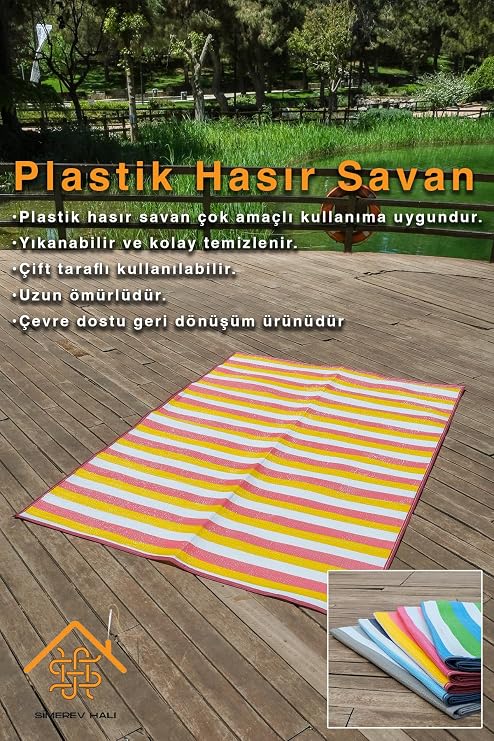 Hasır Savan Mat Plaj Kamp Piknik Bahçe Balkon Teras Yıkanabilir Katlanabilir Kilim SARI 180 x 270