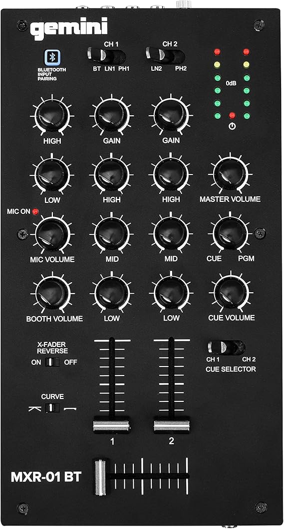 Gemini 2-Channel Bluetooth DJ Mixer, Crossfader Curve (MXR-01BT) | 2-channel Bluetooth DJ mixer - adjustable crossfader curve - mic & headphone controls - all-metal