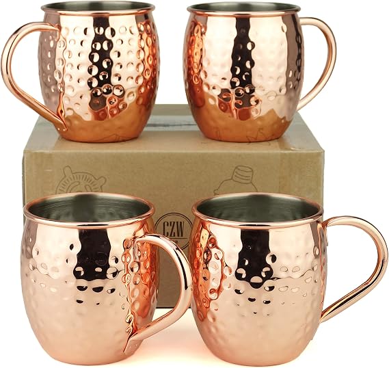 PG Copper/Rose Gold Plated Stainless Steel Moscow Mule Mug - Bar Gift Set 4 - Factory Direct (19 oz) - Authentic Traditional Design - Dimple Finish Hollow Handle!