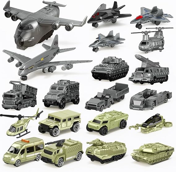 Military Vehicle Toy Set, Army Playset Tanks Fighter Jets Plane | 21 Piece Army Toys Transport Planes Trucks Helicopter for Boys Ages 4-8, Battle Adventure STEM Learning Toys, Gift for Kids