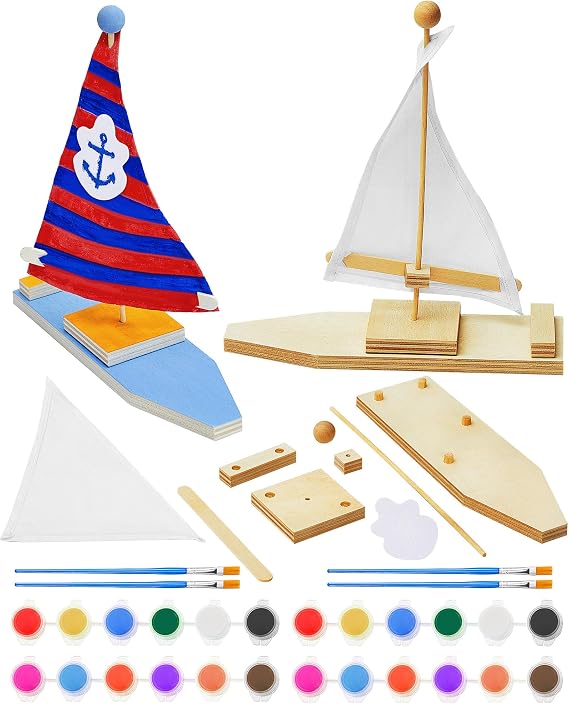 Jenaai 10 Pcs Wooden Boat Kits Wooden Sailboat to Paint DIY Wood Craft Make You Own Toy Boat Activities for Kid Summer School