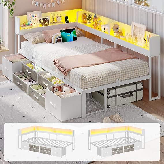 Corner Bed Frame with Storage 6 Drawers, Twin Daybed with Storage Bookcase