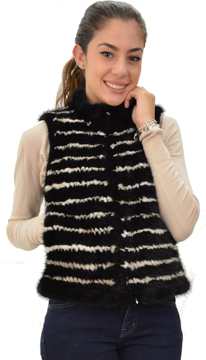 Womans 100% Real Mink Knit Vest Black And White Stripe, Size: Large