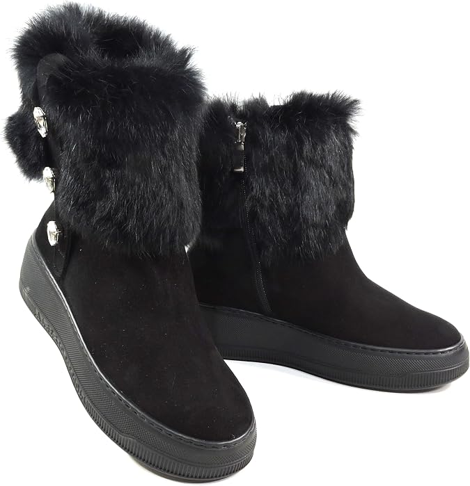 Women's Ankle Boots, Black Suede with Fur Trim, Crystal Button Detail, Winter Platform Comfort Booties. Made in Italy. Size 37EU