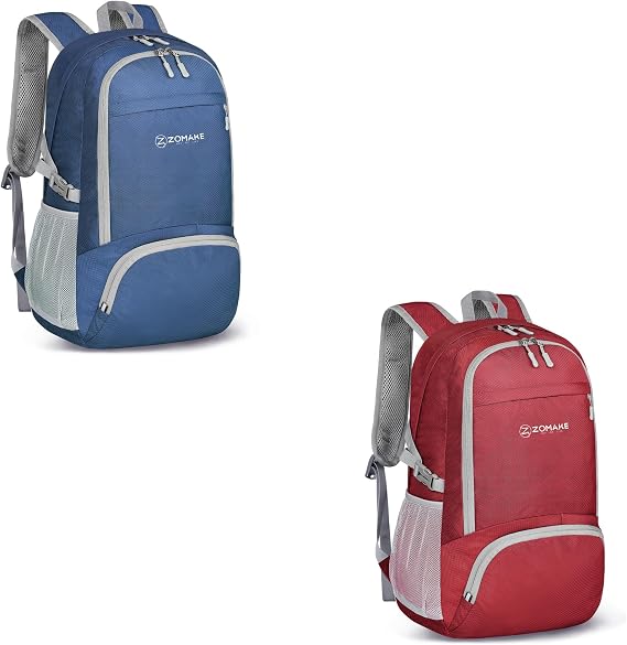 ZOMAKE Lightweight Packable Backpack 30L - Foldable Hiking Backpacks Water Resistant Compact Folding Daypack for Travel - Navy Blue&Red