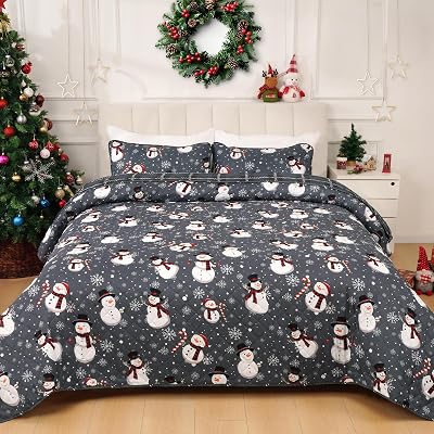 Invoibler Christmas Quilt Set Queen Size 3 Piece Snowman Snowflake Bedding Set Reversible Winter Snow Grey Plaid Holiday Quilt Xmas Bedspread Coverlet 1 Quilt, 2 Pillow Shams