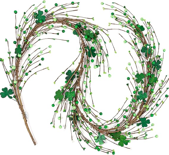 St Patricks Day Shamrock Garland Decorations with Berries Green Clover Decor for Mantel Table Fireplace Door