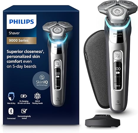 Philips Shaver S9000 – Elektrischer Nass- & Trockenrasierer für Männer in Chromsilber mit Lift & Cut System SkinIQ Technologie ausklappbarem Barttrimmer Ladestation & Reiseetui(Modell S9975/35)